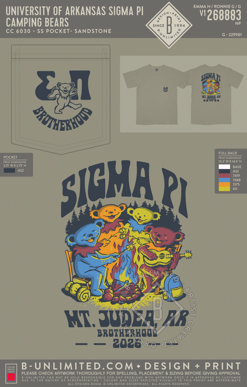 University of Arkansas Sigma Pi - Camping Bears - CC - 6030 - SS Pocket - Sandstone