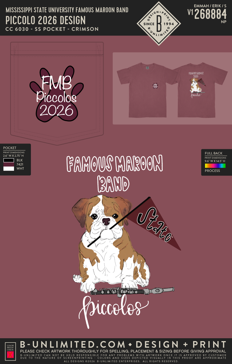 Mississippi State University Famous Maroon Band - Piccolo 2026 Design - CC - 6030 - SS Pocket - Crimson