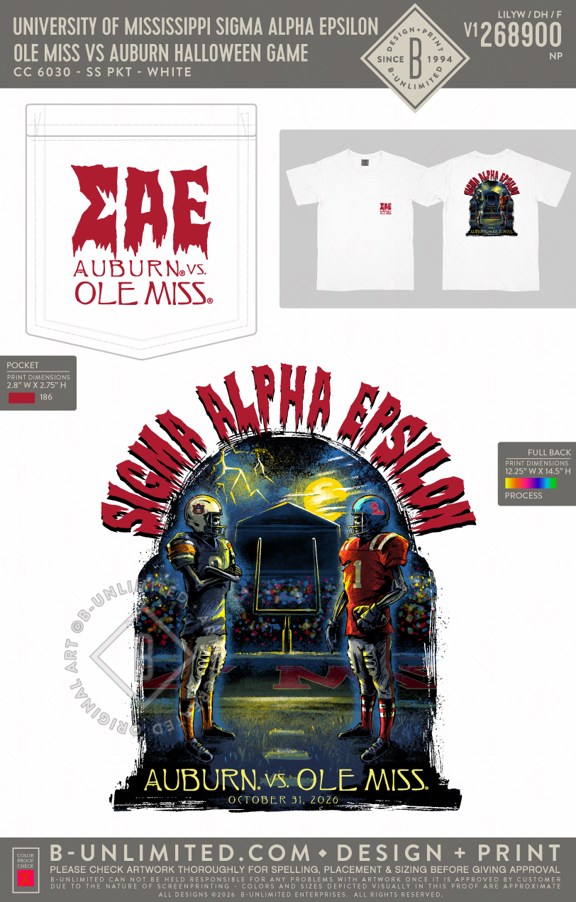 University of Mississippi Sigma Alpha Epsilon - Ole Miss vs Auburn Halloween Game - CC - 6030 - SS Pocket - White
