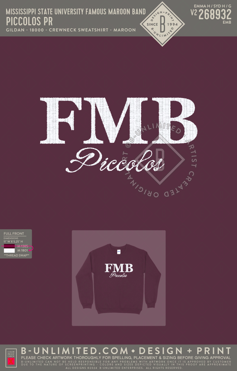 Mississippi State University Famous Maroon Band - Piccolos PR - Gildan - 18000 - Crewneck Sweatshirt - Maroon
