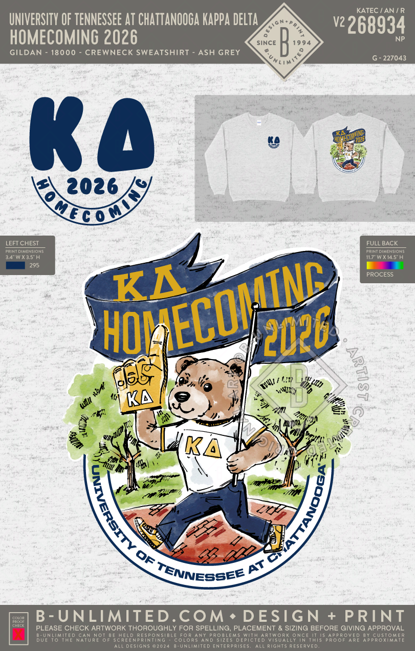 University of Tennessee at Chattanooga Kappa Delta - Homecoming 2026 - Gildan - 18000 - Crewneck Sweatshirt - Ash Grey