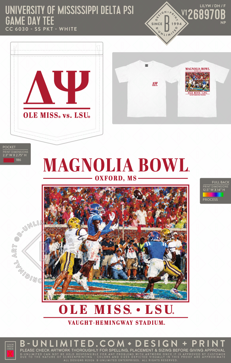 University of Mississippi Delta Psi - Game Day tee - CC - 6030 - SS Pocket - White