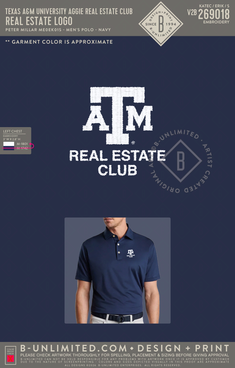 Texas A&M University Aggie Real Estate Club - Real Estate Logo - Peter Millar - ME0EK01S - Solid Performance Polo - Self Collar - Navy