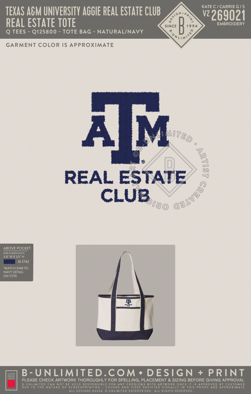 Texas A&M University Aggie Real Estate Club - Real Estate Tote - Q Tees - Q125800 - Tote Bag - Natural/Navy