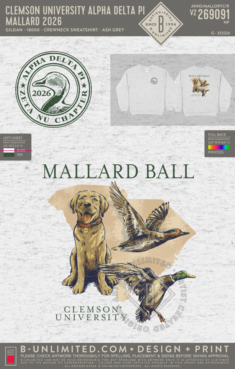 Clemson University Alpha Delta Pi - Mallard 2026 - Gildan - 18000 - Crewneck Sweatshirt - Ash Grey