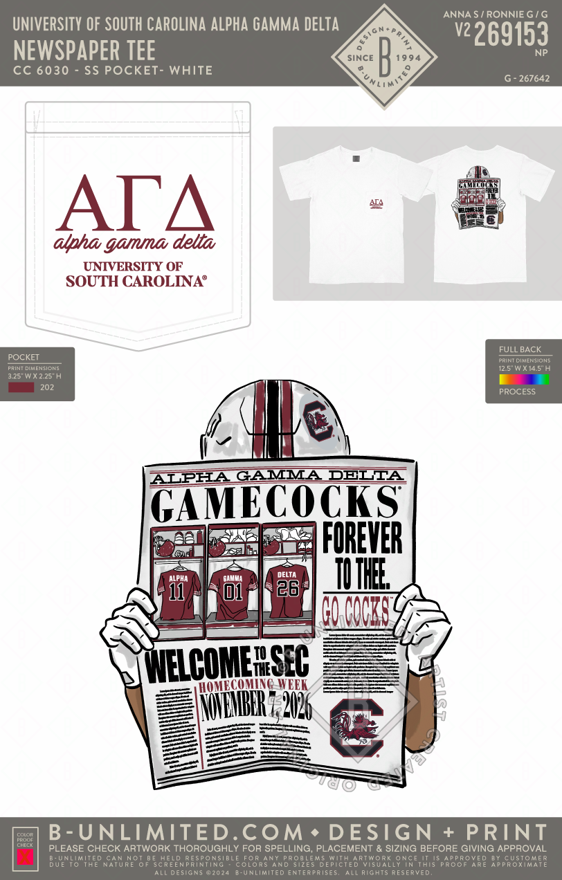University of South Carolina Alpha Gamma Delta - Newspaper tee - CC - 6030 - SS Pocket - White