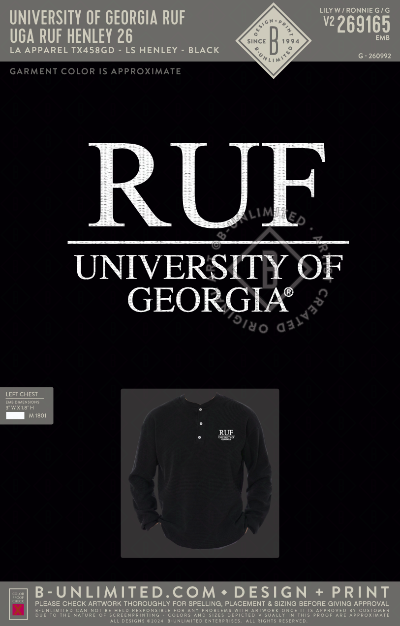 University of Georgia RUF - UGA RUF Henley 26 - LA Apparel - TX458GD - Heavy Thermal Heritage Henley - Black