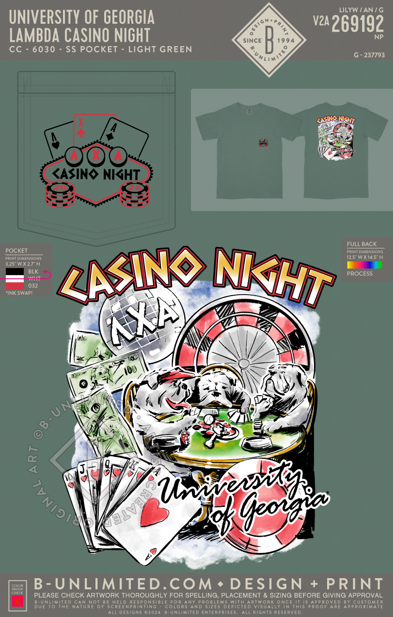 University of Georgia Lambda Chi Alpha - Lambda Casino Night - CC - 6030 - SS Pocket - Light Green