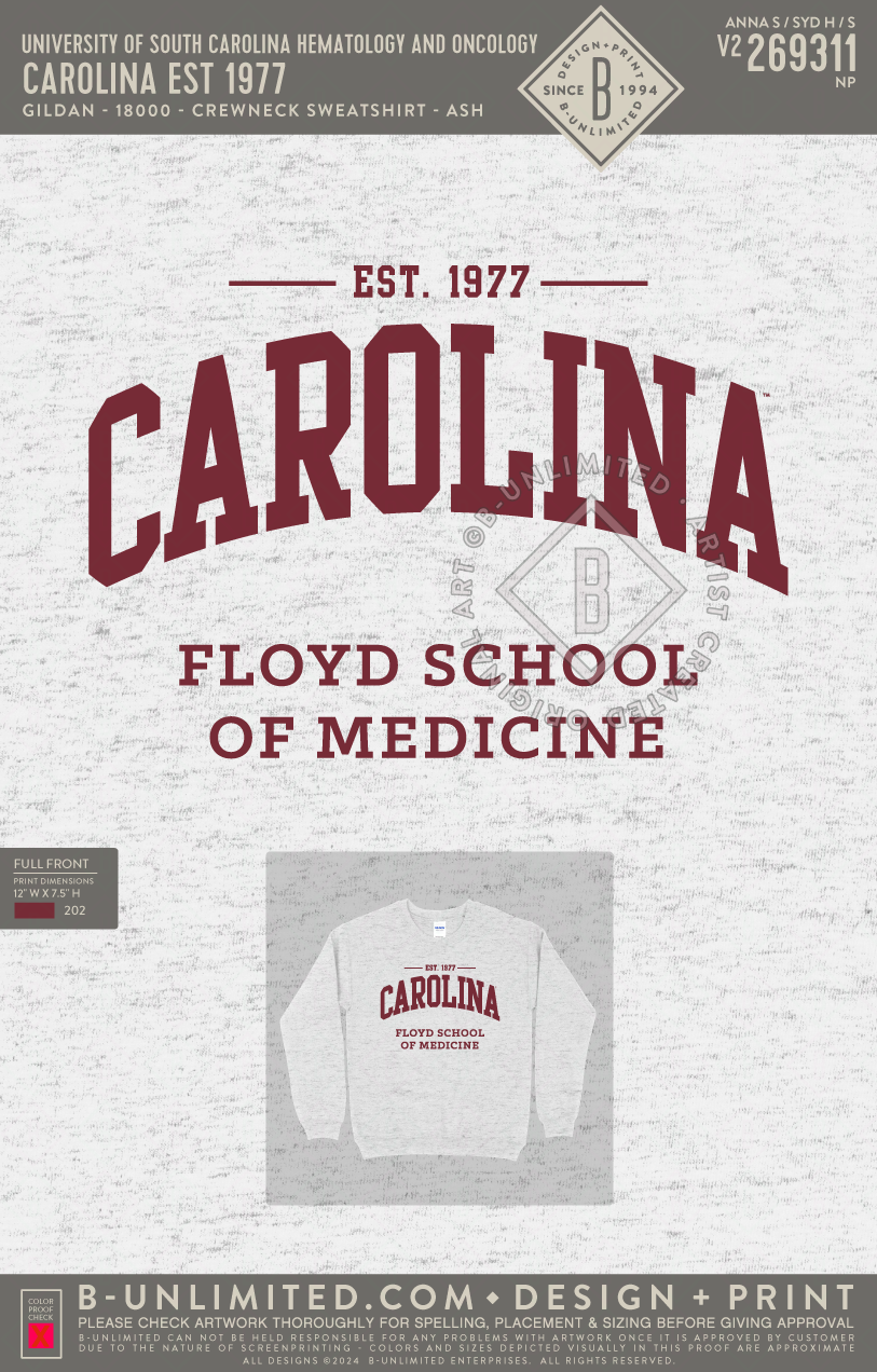 University of South Carolina Hematology and Oncology - Carolina Est 1977 - Gildan - 18000 - Crewneck Sweatshirt - Ash Grey