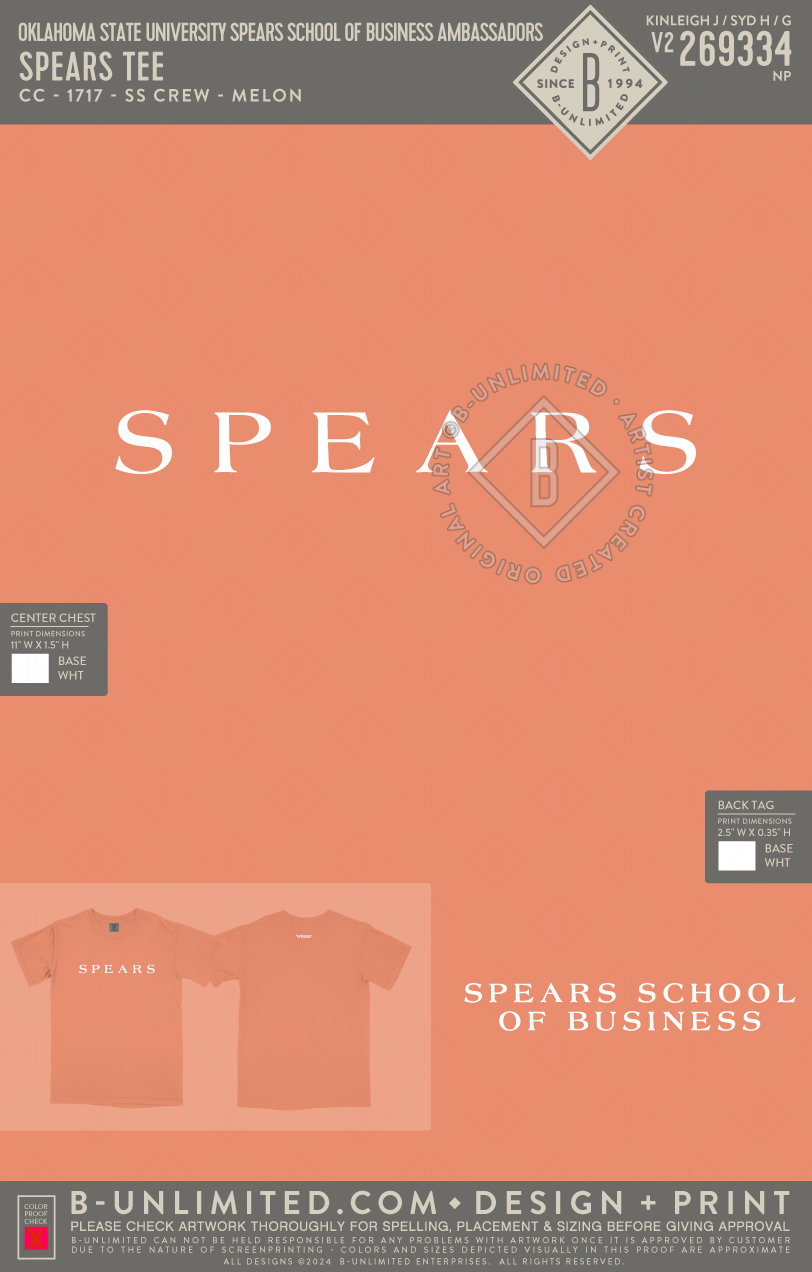Oklahoma State University Spears School of Business Ambassadors - Spears Tee - CC - 1717 - SS Crew - Melon