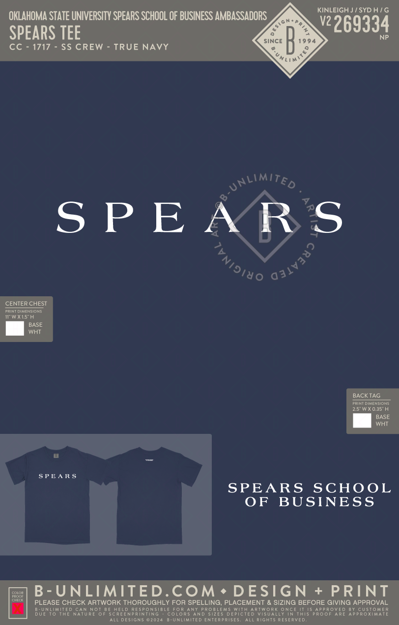 Oklahoma State University Spears School of Business Ambassadors - Spears Tee - CC - 1717 - SS Crew - True Navy