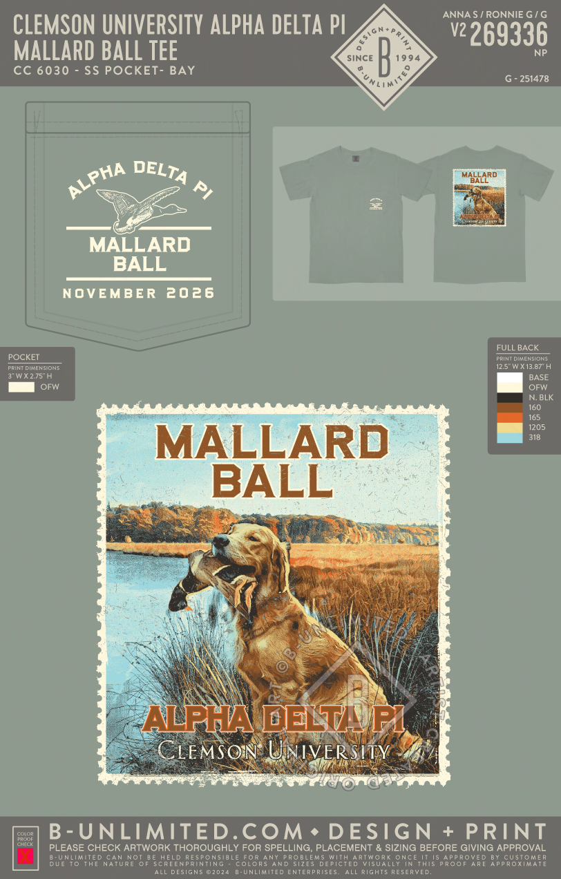 Clemson University Alpha Delta Pi - Mallard Ball Tee - CC - 6030 - SS Pocket - Bay