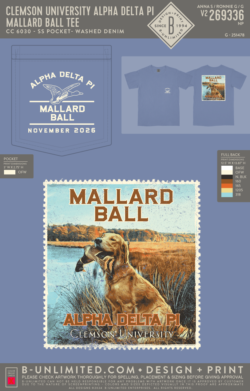 Clemson University Alpha Delta Pi - Mallard Ball Tee - CC - 6030 - SS Pocket - Washed Denim