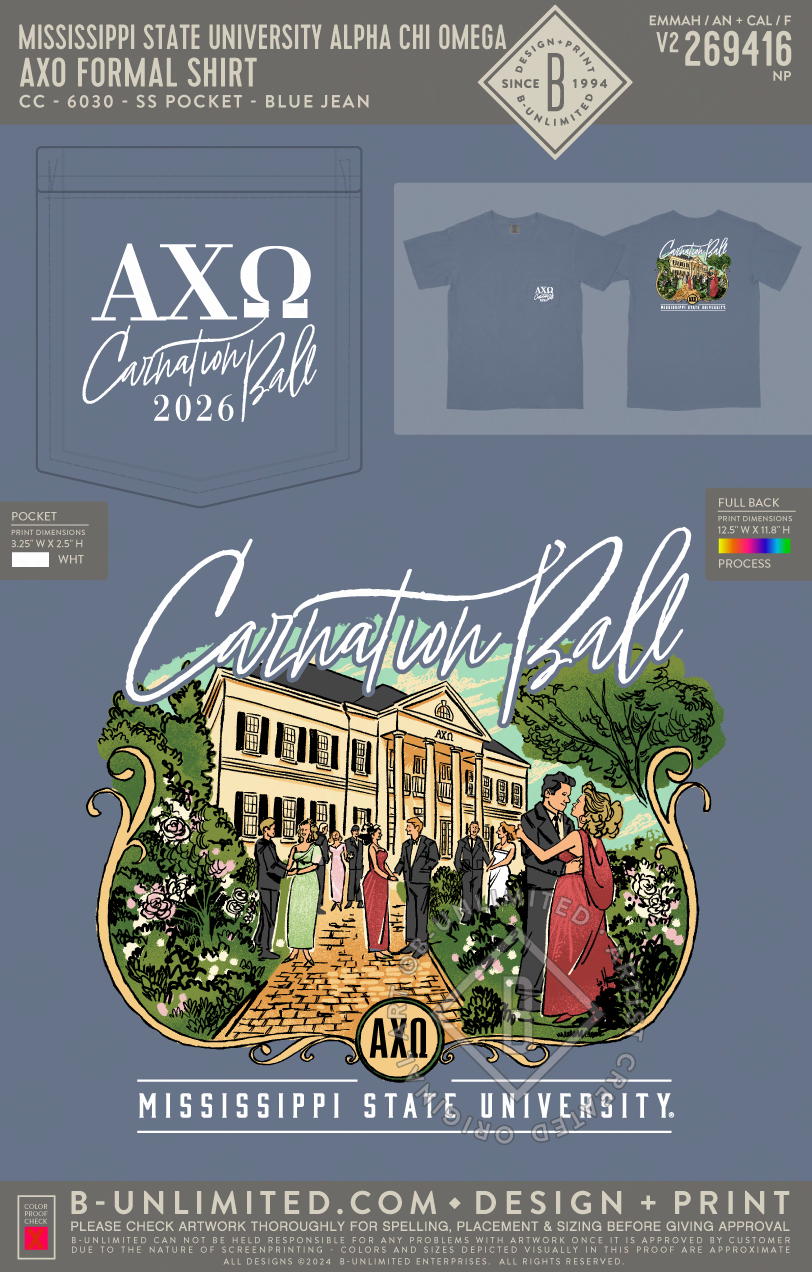 Mississippi State University Alpha Chi Omega - AXO Formal Shirt - CC - 6030 - SS Pocket - Blue Jean