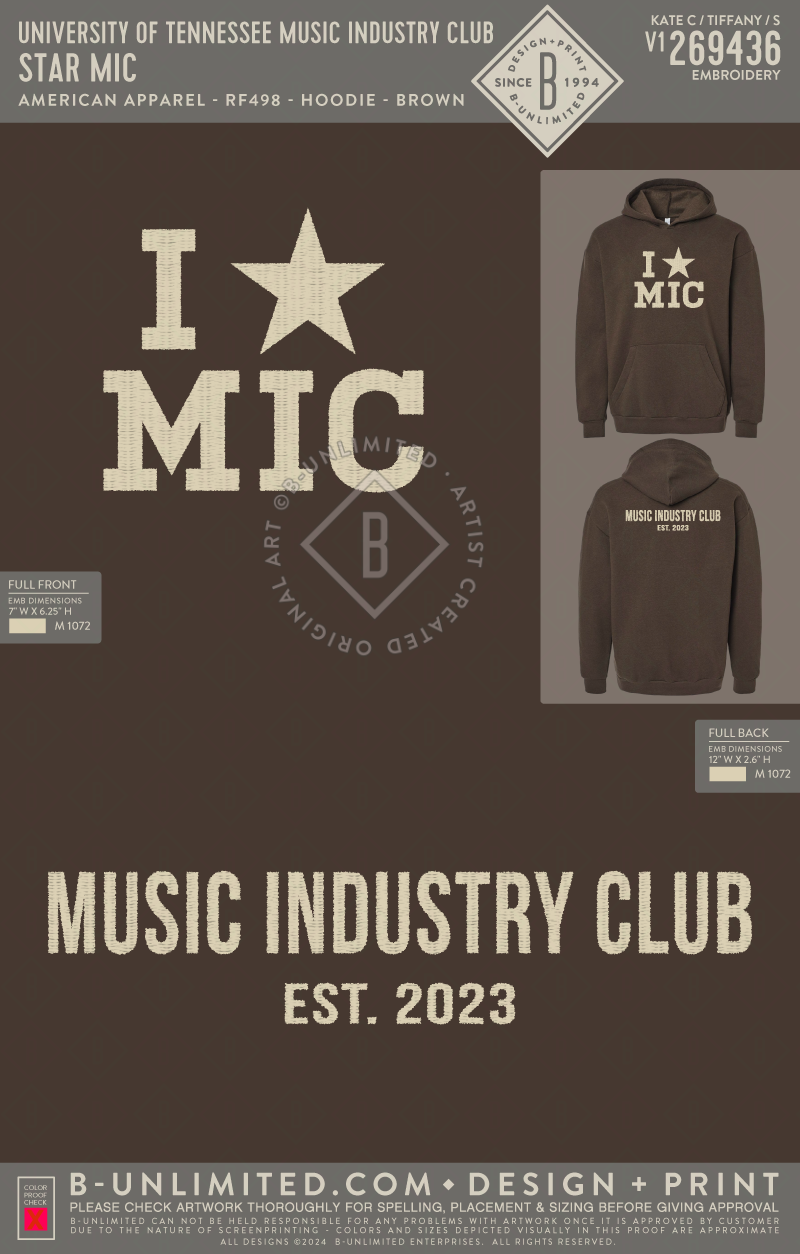 University of Tennessee Music Industry Club - Star MIC - American Apparel - RF498 - Hoodie - Brown