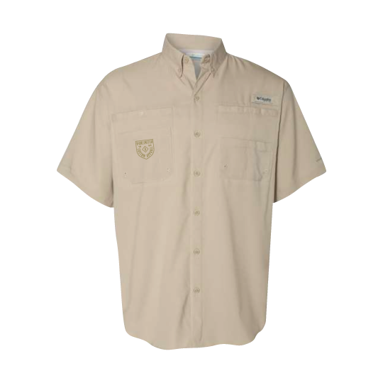khaki short sleeve fishing shirt with business logo