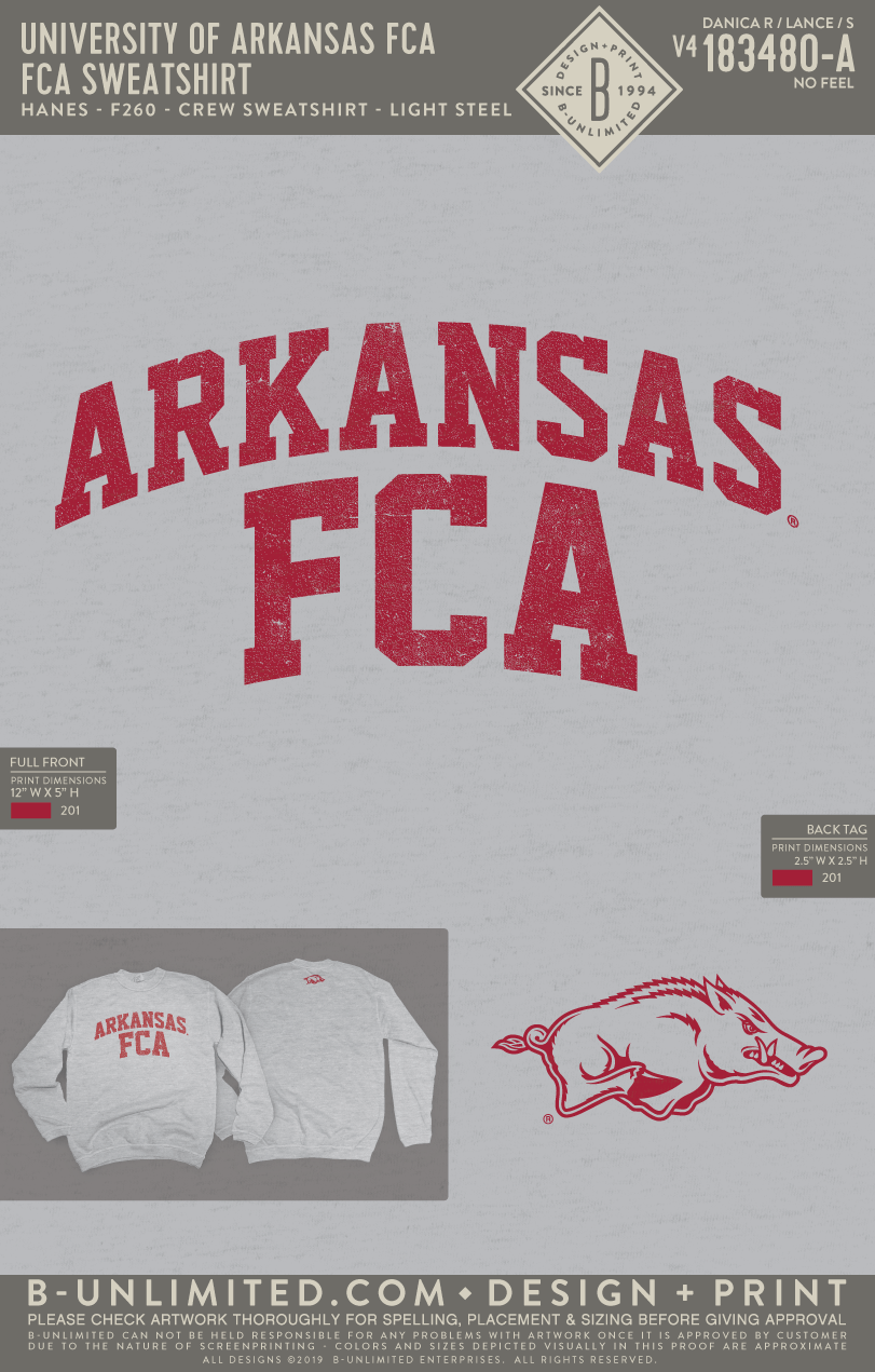 University of Arkansas Fellowship of Christian Athletes - A - RO2 - FCA Sweatshirt (Adult) - Hanes - F260 - Sweatshirt - Light Steel