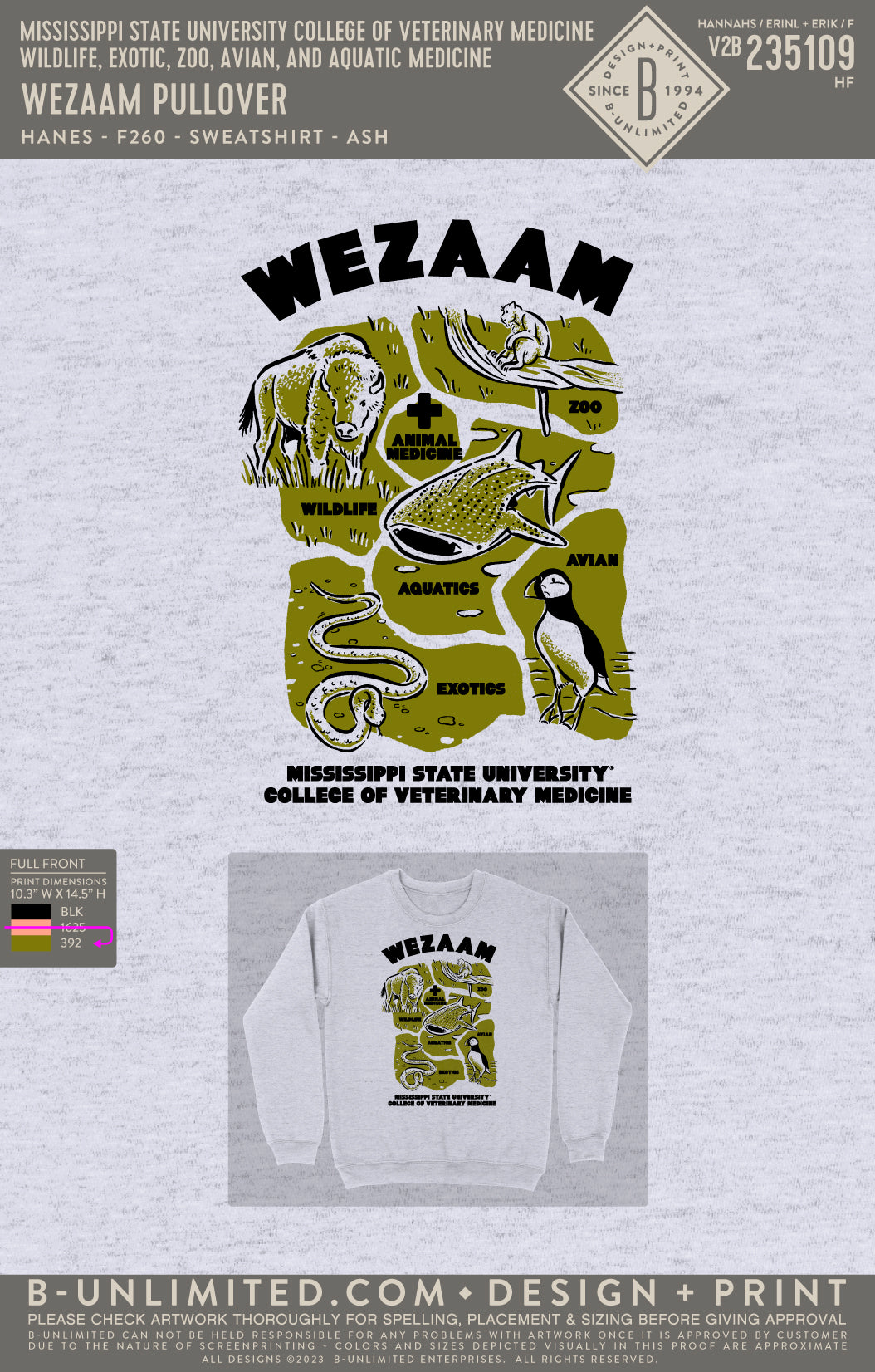 Mississippi State University College of Veterinary Medicine Wildlife, Exotic, Zoo, Avian, and Aquatic Medicine - WEZAAM Pullover (Green Ink) - Hanes - F260 - Sweatshirt - Ash