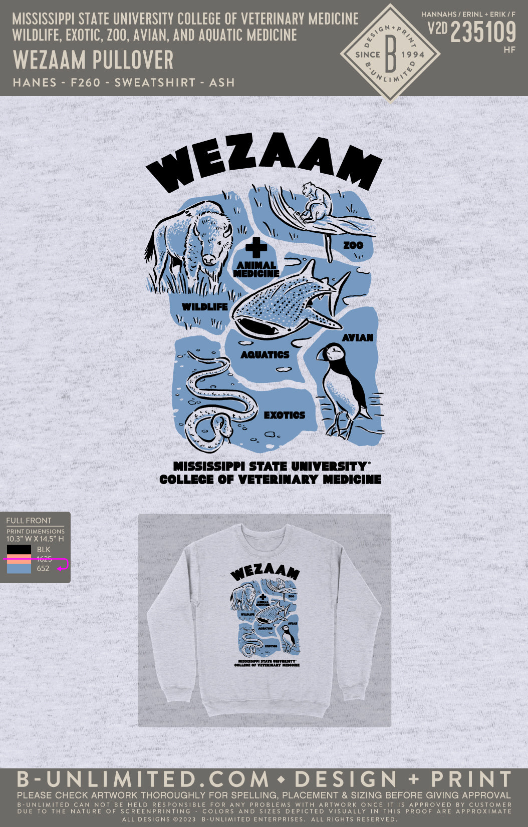 Mississippi State University College of Veterinary Medicine Wildlife, Exotic, Zoo, Avian, and Aquatic Medicine - WEZAAM Pullover (Blue Ink) - Hanes - F260 - Sweatshirt - Ash