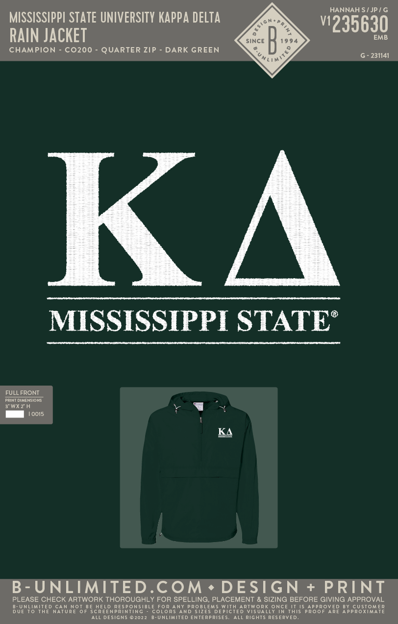 Mississippi State University Kappa Delta Rain Jacket Champion CO