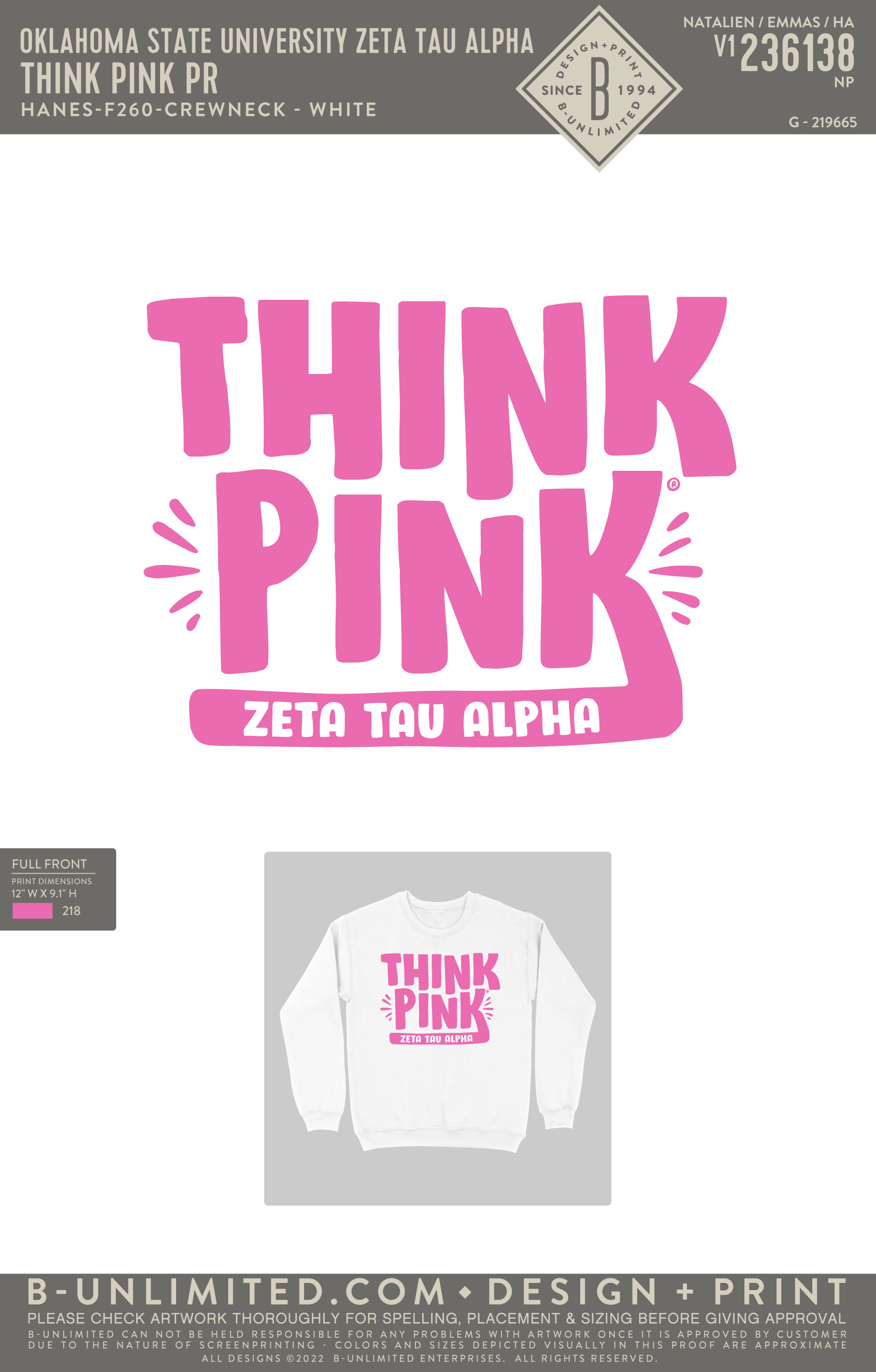 Oklahoma State University Zeta Tau Alpha Think Pink PR Hanes F26