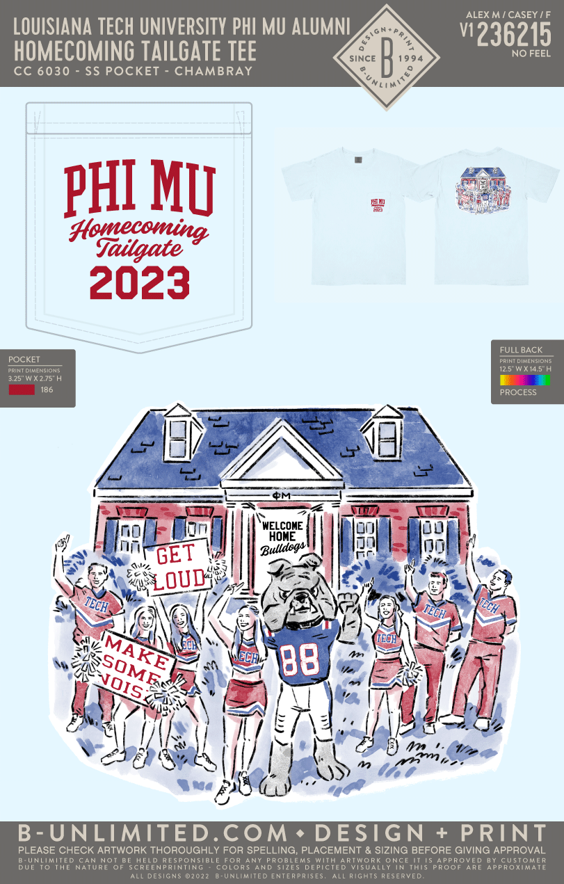 Louisiana Tech University Phi Mu Alumni - Homecoming Tailgate Tee - CC - 6030 - SS Pocket - Chambray