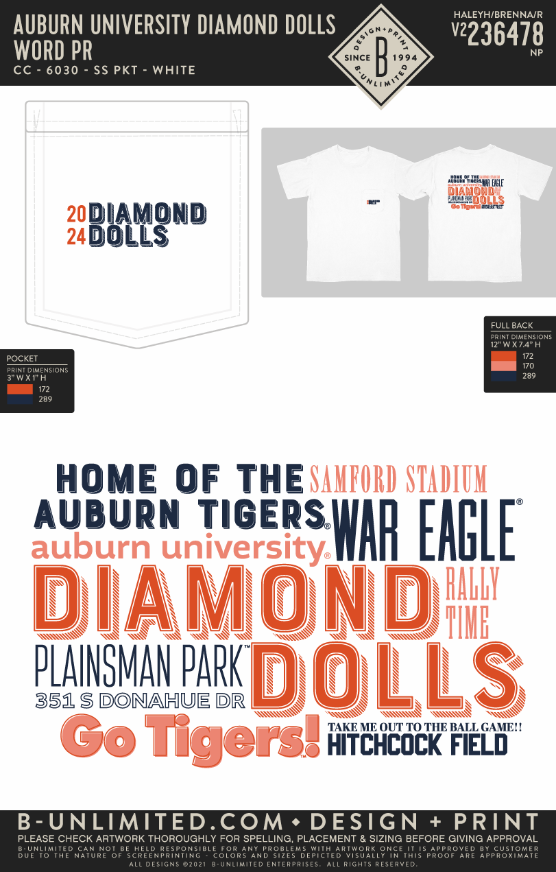 Auburn University Diamond Dolls - Word PR - CC - 6030 - SS Pocket - White