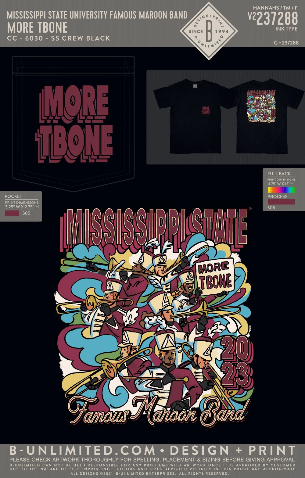 Mississippi State University Famous Maroon Band - More TBone - CC - 6030 - SS Pocket - Black