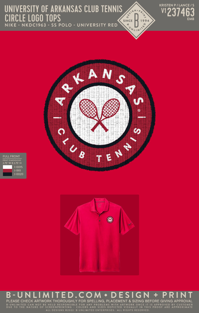 University of Arkansas Club Tennis - Circle Logo Tops - Nike - NKDC1963 - SS Polo - University Red