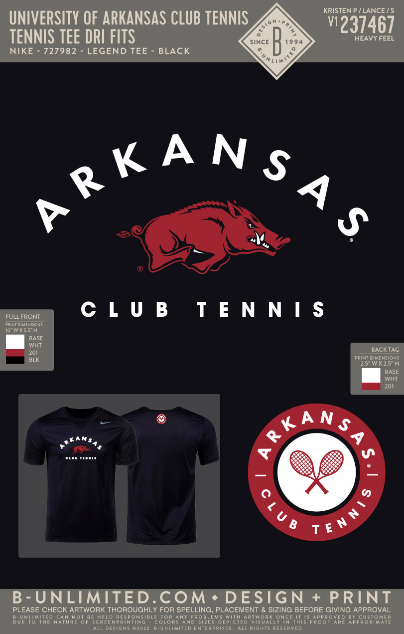 University of Arkansas Club Tennis - Tennis Tee Dri Fits - Nike - DV7299 - Recycled Legend Tee - Black
