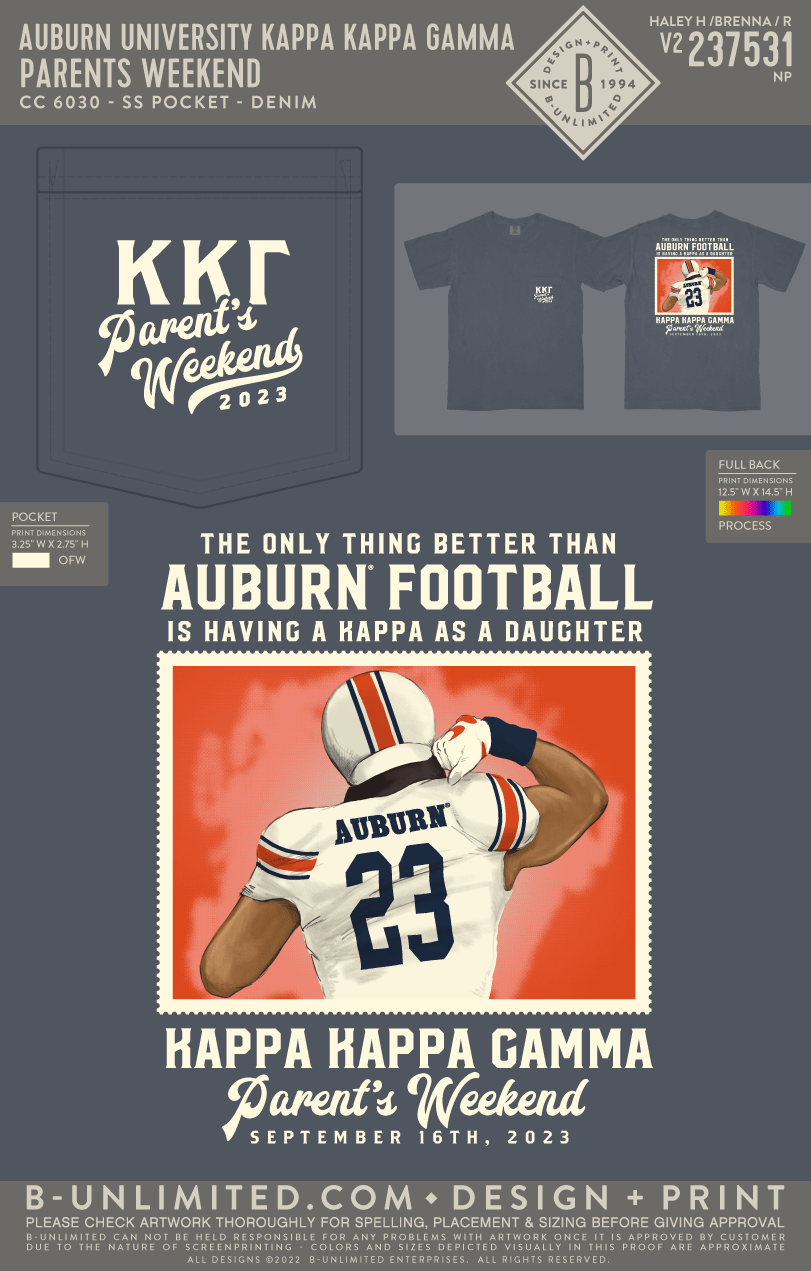 Auburn University Kappa Kappa Gamma - Parents Weekend - CC - 6030 - SS Pocket - Denim