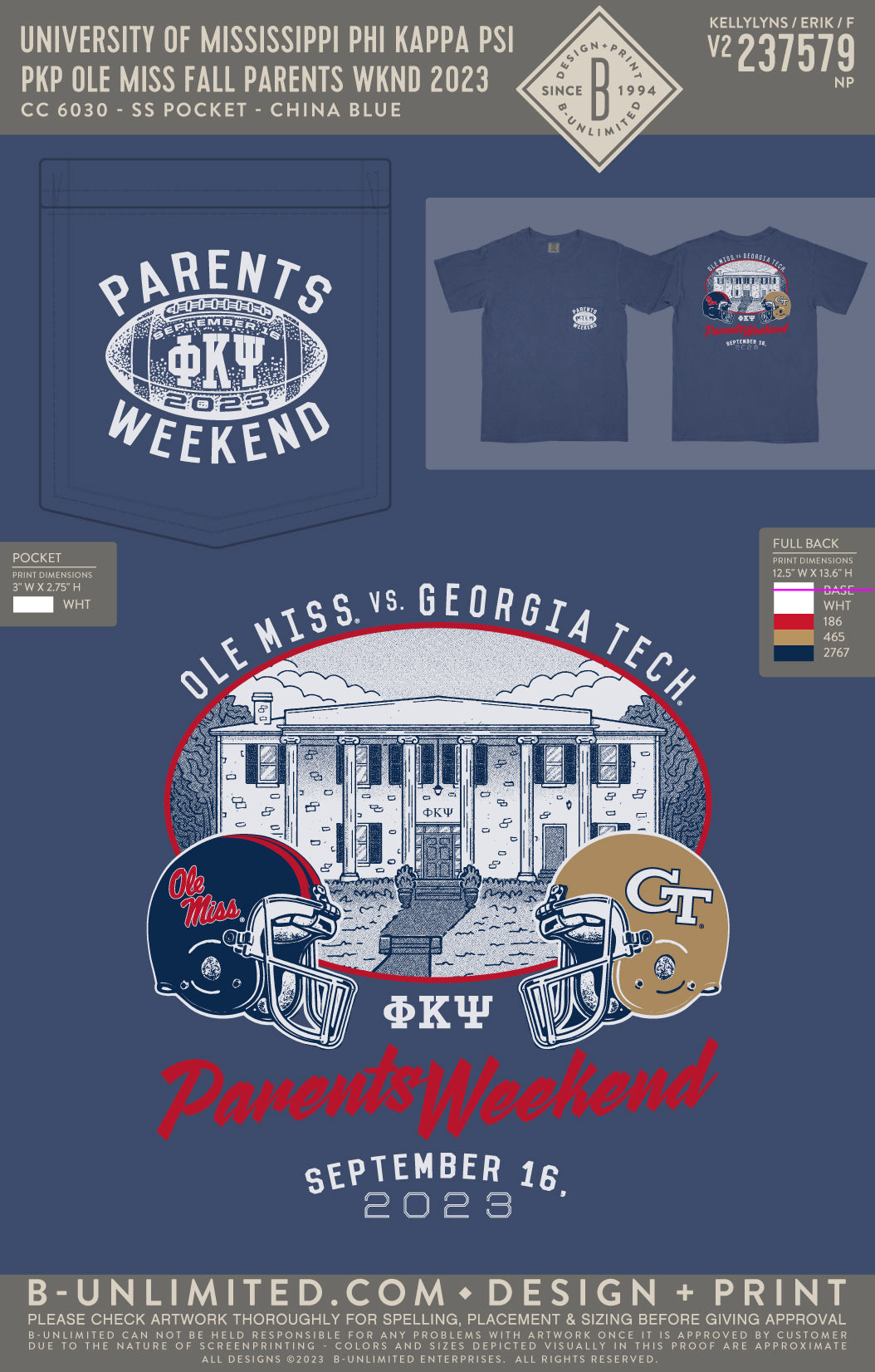 University of Mississippi Phi Kappa Psi - PKP Ole Miss Fall Parents Wknd 2023 - CC - 6030 - SS Pocket - China Blue