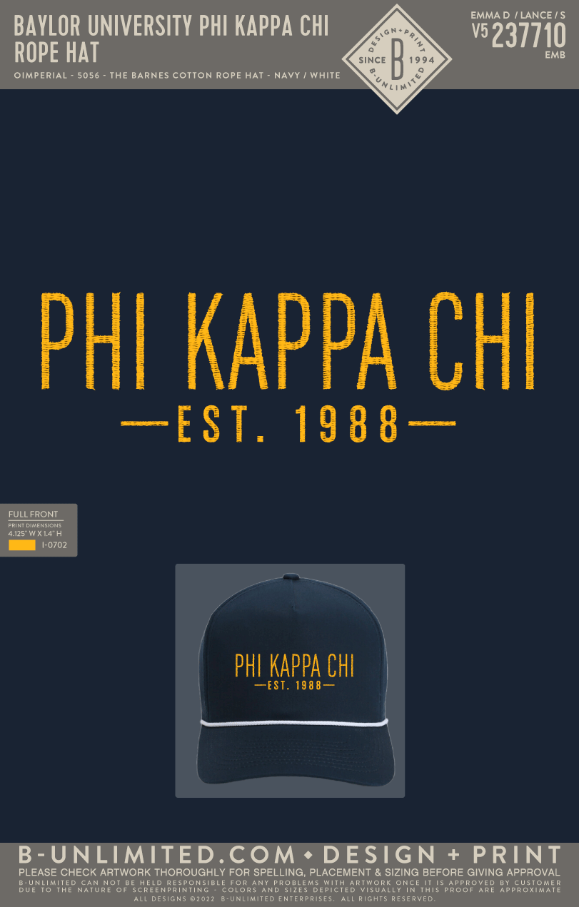 Baylor University Phi Kappa Chi - Rope Hat - Imperial - 5056 - The Barnes Cotton Rope Hat - Navy/White