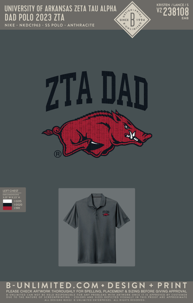 University of Arkansas Zeta Tau Alpha - Dad Polo 2023 ZTA - Nike - NKDC1963 - SS Polo - Anthracite
