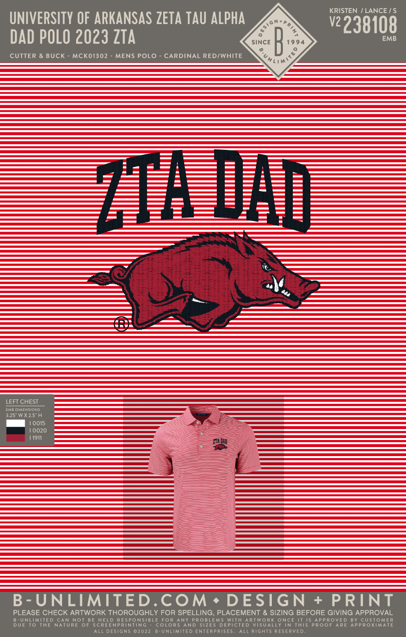 University of Arkansas Zeta Tau Alpha Dad Polo 2023 ZTA Cutter & B BUnlimited Custom