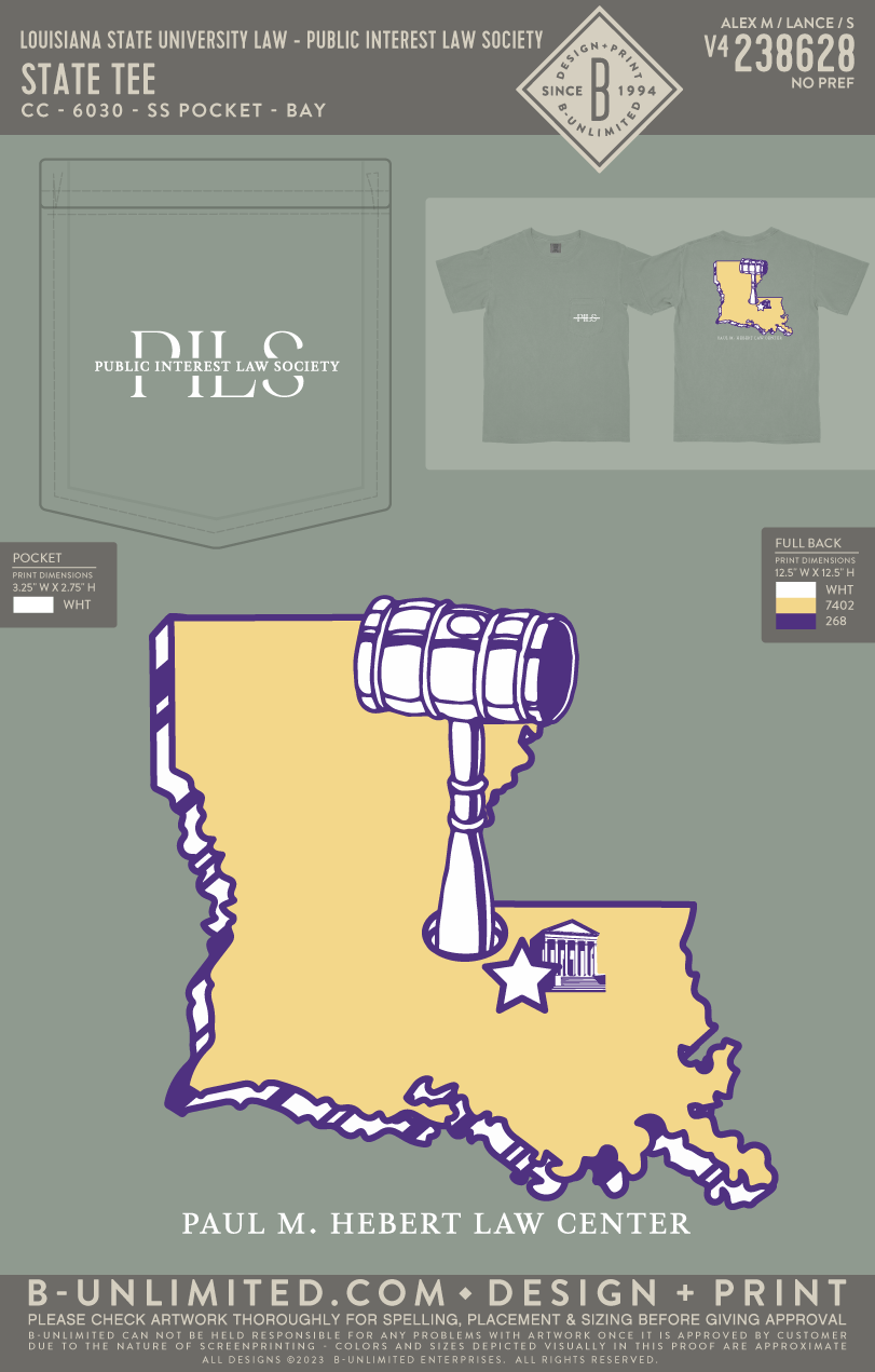 Louisiana State University Law- Public Interest Law Society - State Tee - CC - 6030 - SS Pocket - Bay