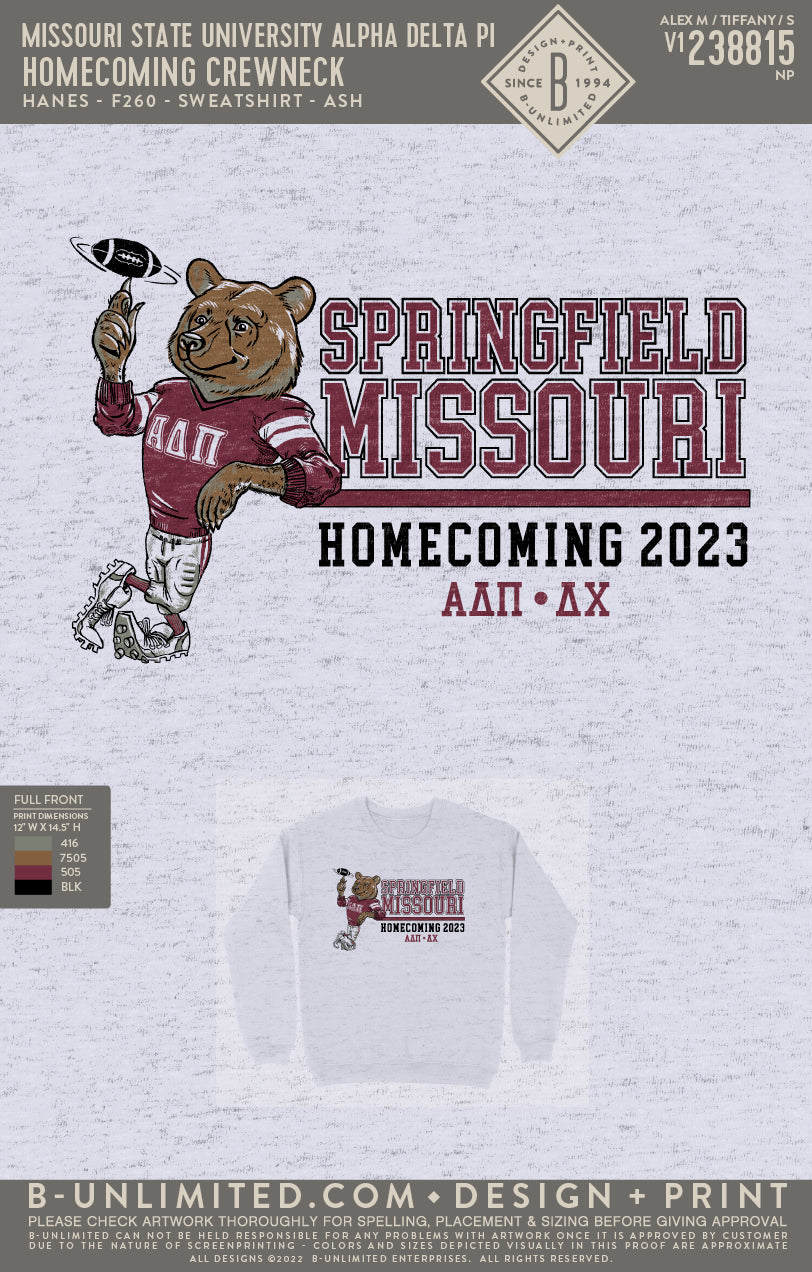 Missouri State University Alpha Delta Pi Homecoming Crewneck Hanes F260 Sweatshirt Ash