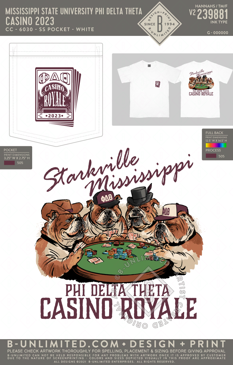 Mississippi State University Phi Delta Theta - Casino 2023 - CC - 6030 - SS Pocket - White