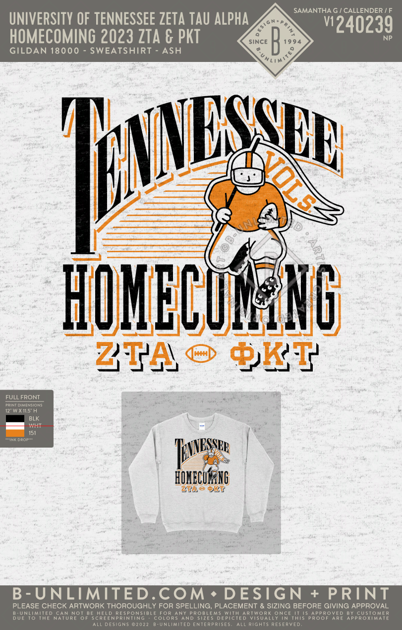 University of Tennessee Zeta Tau Alpha - Homecoming 2023 ZTA & PKT (ZTA WO) - Gildan - 18000 - Sweatshirt - Ash Grey