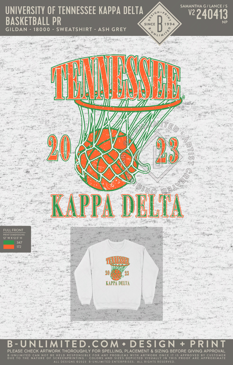 University of Tennessee Kappa Delta - Basketball PR - Gildan - 18000 - Sweatshirt - Ash Grey