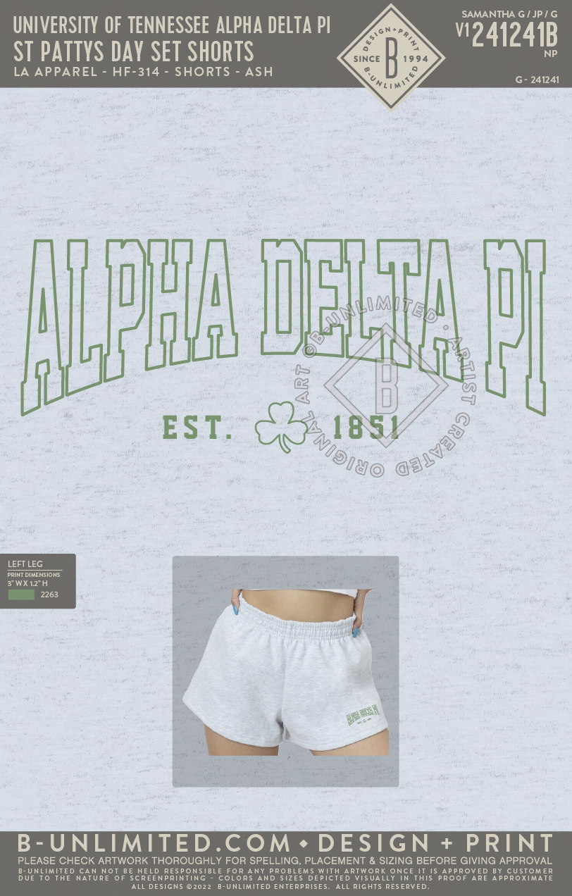 University of Tennessee Alpha Delta Pi - ART241241B - St Pattys Day set  Shorts - LA Apparel - HF-314 - Ash