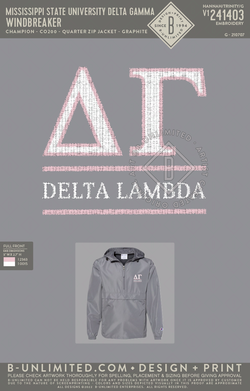 Mississippi State University Delta Gamma Windbreaker Champion CO200 Packable Quarter Zip Jacket Graphite