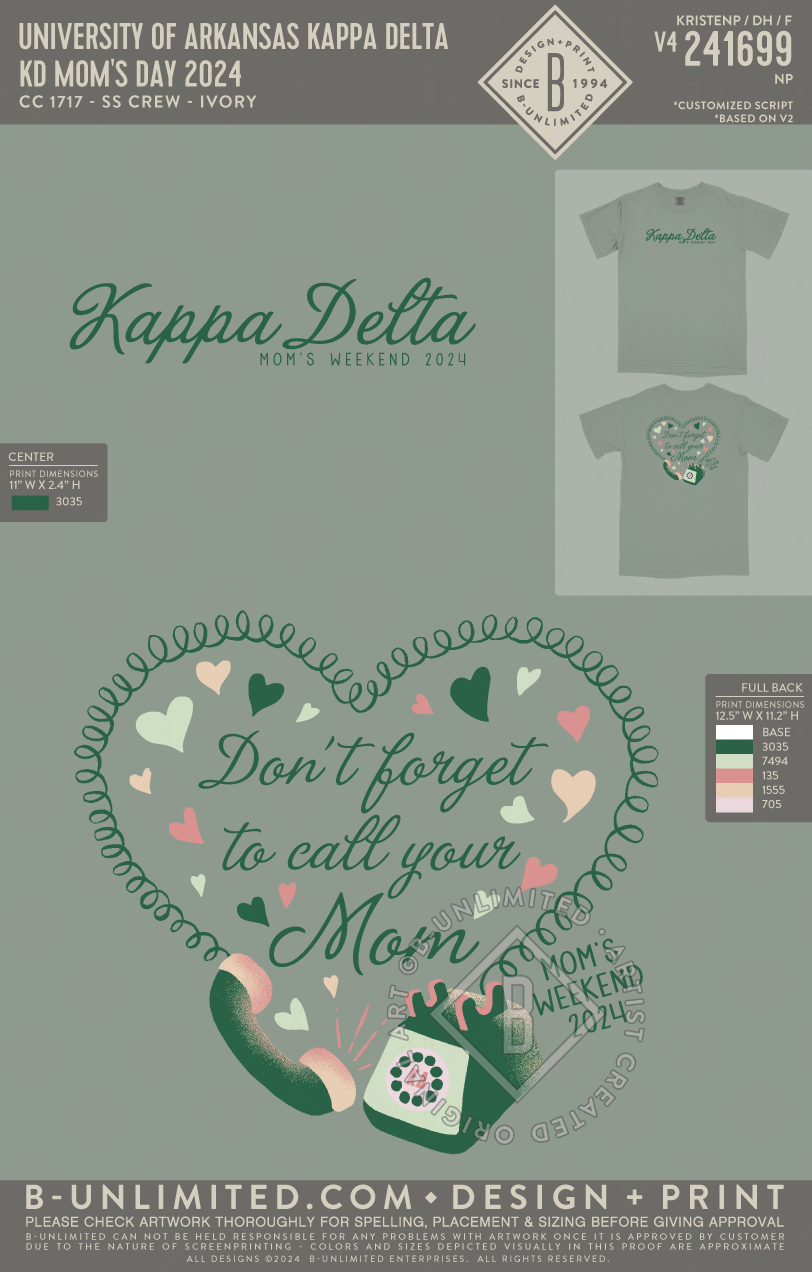 University of Arkansas Kappa Delta KD MOM S DAY 2024 CC 1717 SS Crew Bay
