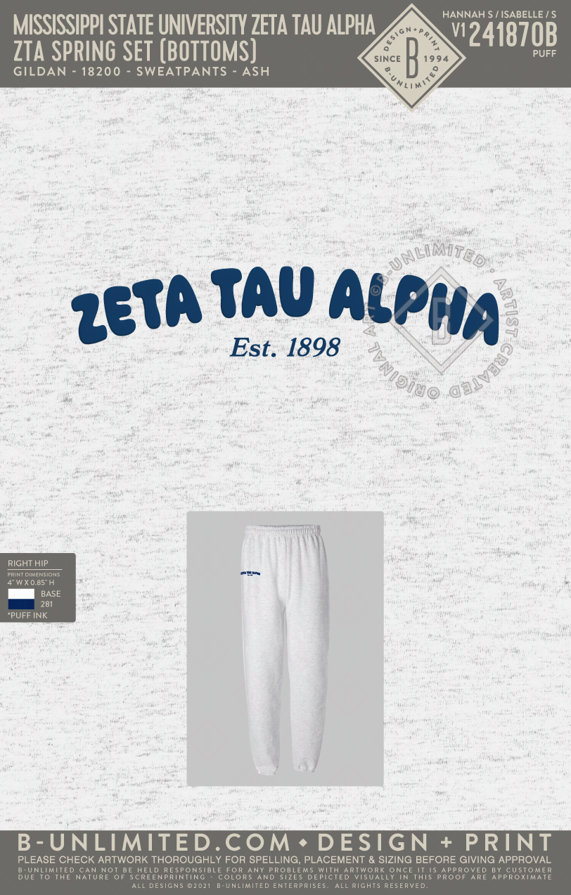 Mississippi State University Zeta Tau Alpha - ZTA Spring Set (Bottoms) - Gildan - 18200 - Sweatpants - Ash Grey