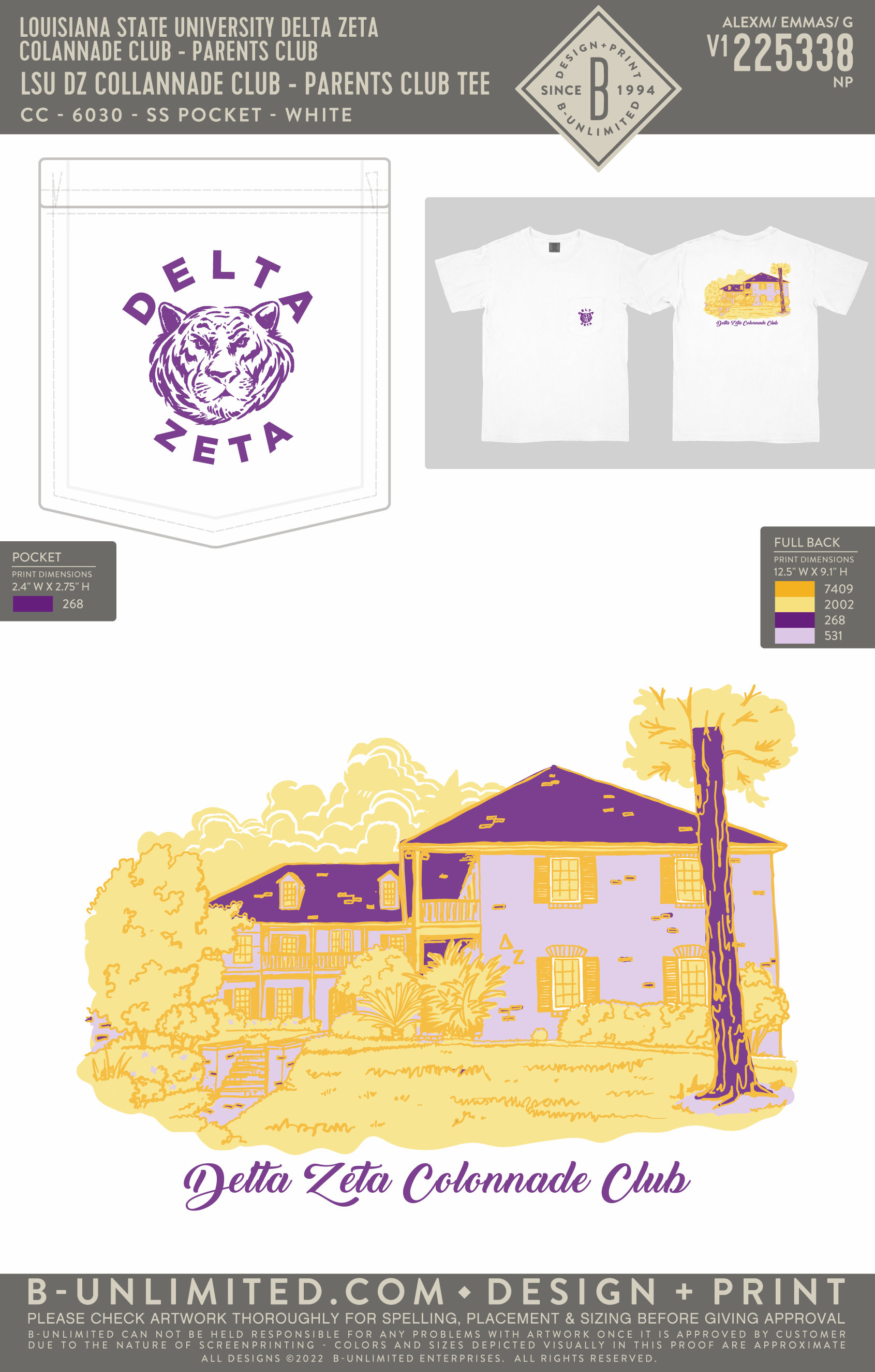 Louisiana State University Delta Zeta Colannade CLub - Parents Club - LSU DZ Colannade Club - Parents Club Tee - CC - 6030 - SS Pocket - White
