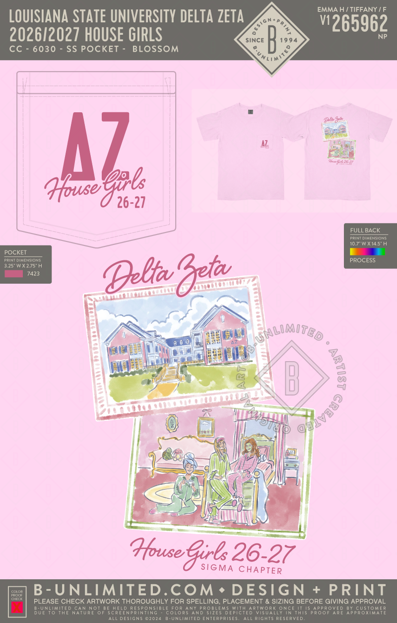 Louisiana State University Delta Zeta - 2026/2027 House Girls - CC - 6030 - SS Pocket - Blossom