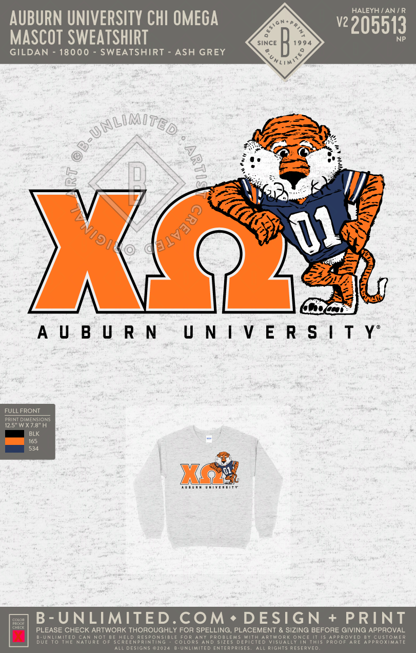 Auburn University Chi Omega - RO - Mascot Sweatshirt - Gildan - 18000 - Crewneck Sweatshirt - Ash Grey