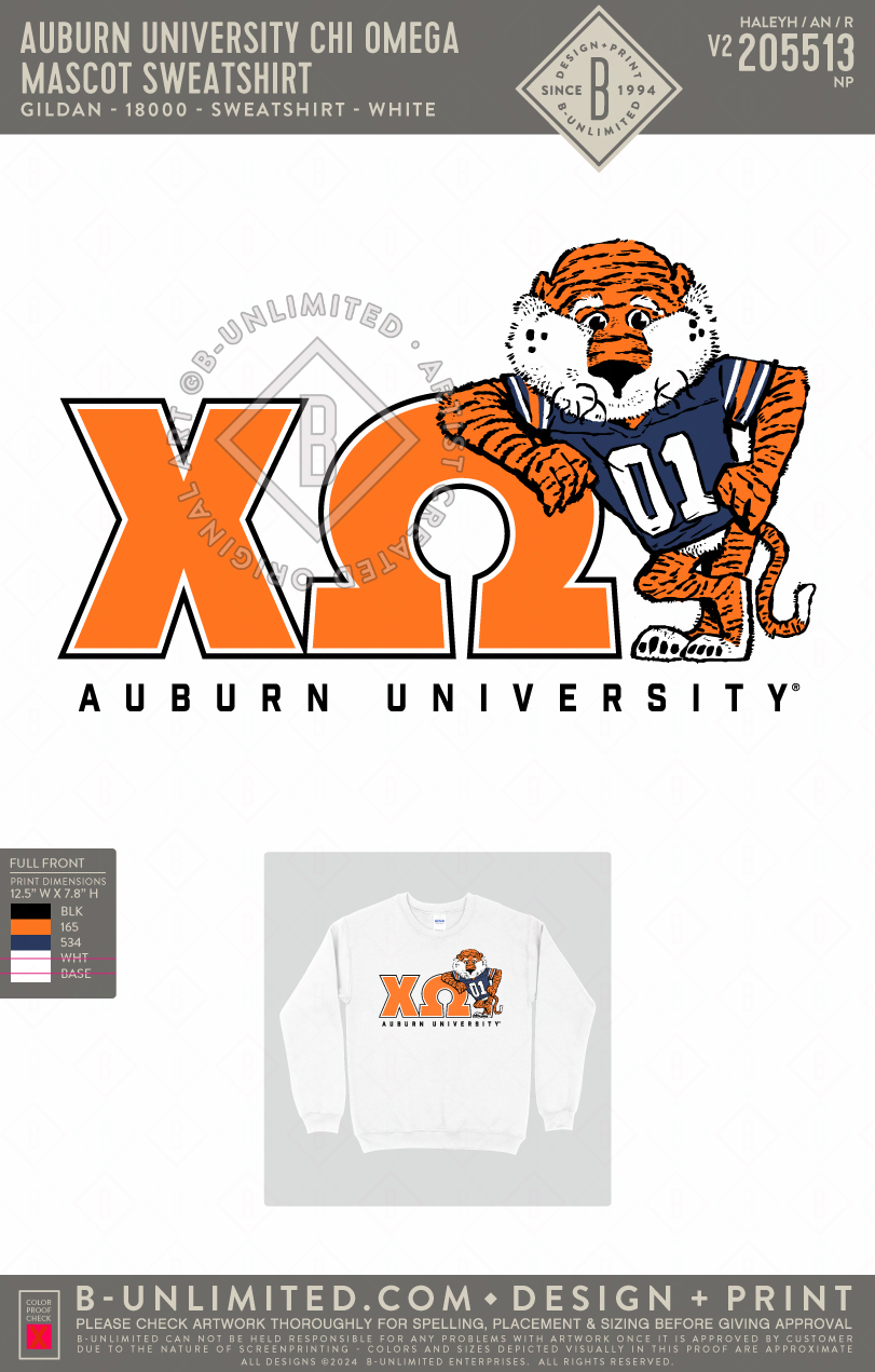 Auburn University Chi Omega - RO - Mascot Sweatshirt - Gildan - 18000 - Crewneck Sweatshirt - White