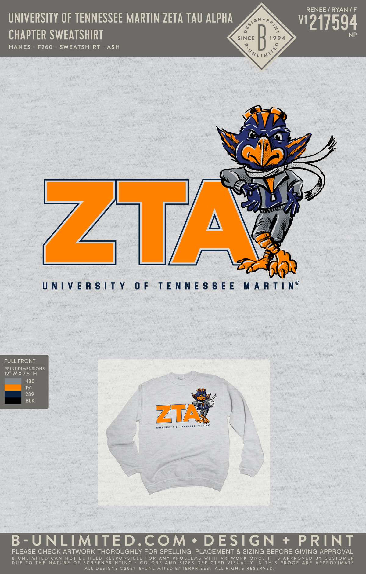 University of Tennessee Martin Zeta Tau Alpha - Chapter Sweatshirt - Hanes - F260 - Sweatshirt - Ash