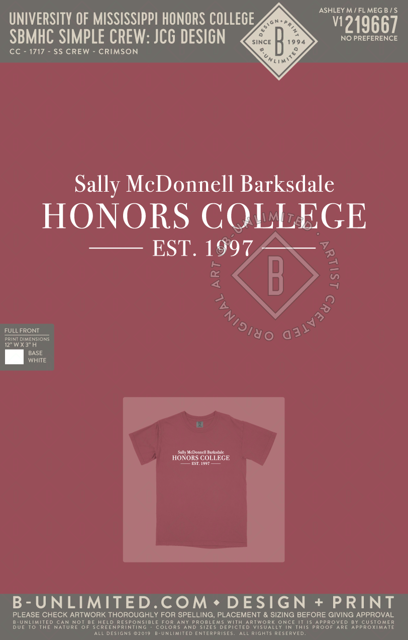 University of Mississippi Honors College - SBMHC Simple Crew: JCG Design - CC - 1717 - SS Crew - Crimson